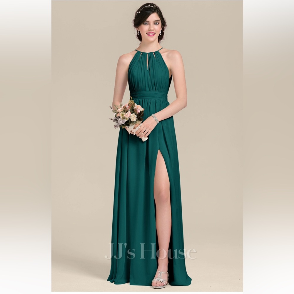 A-line Scoop Floor-Length Chiffon Bridesmaid Dress With Bow Ruffle #126442
